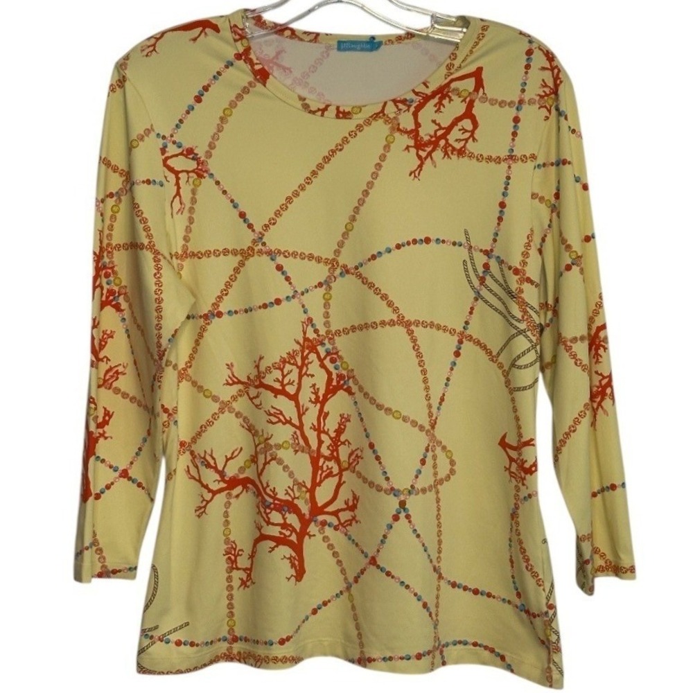 J McLaughlin Top Women Yellow Coral Rope Nautical Print 3/4 Sleeve Nautical L